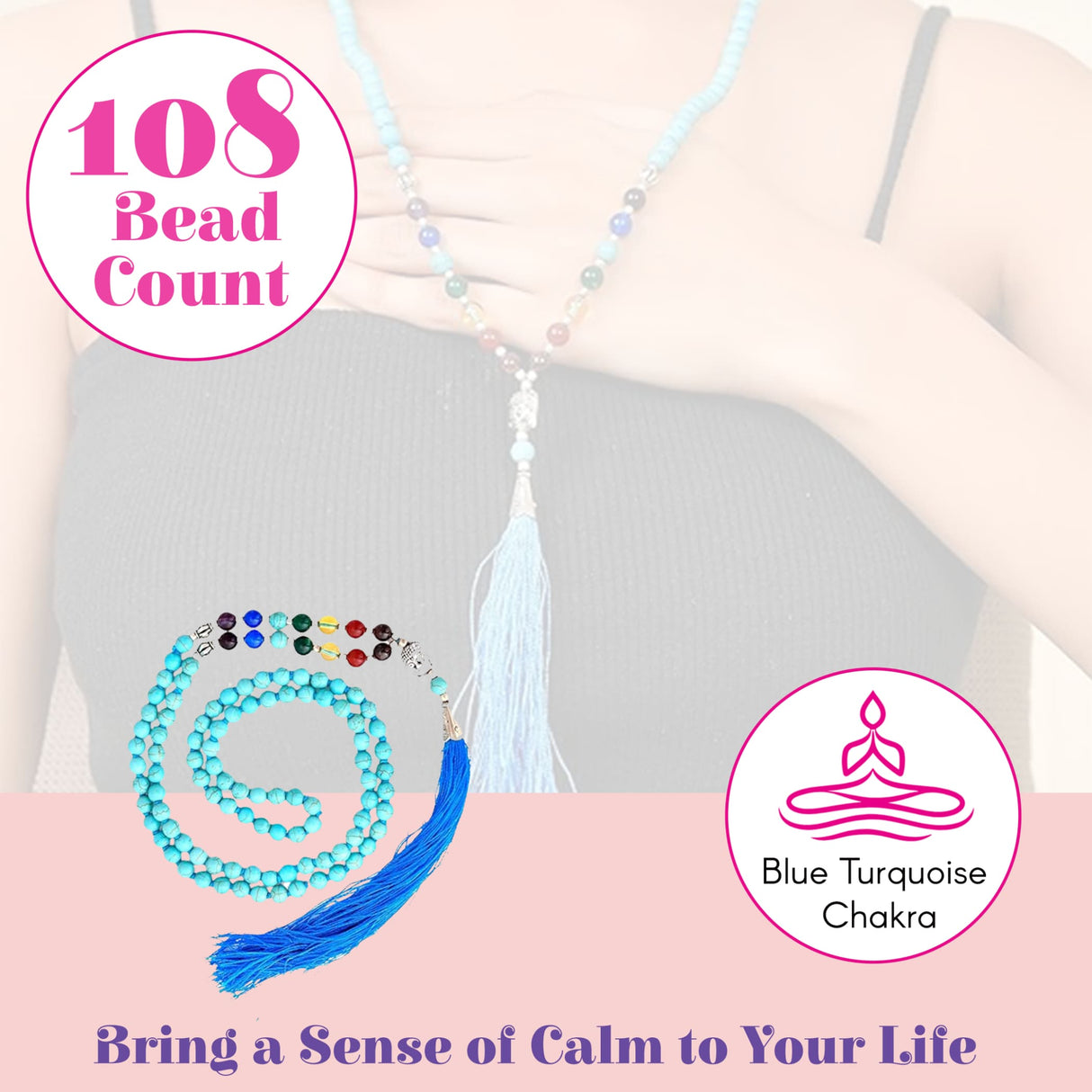 Lovenspire turquoise 108-bead mala necklace with blue tassel chakra design for meditation yoga and healing gemstones