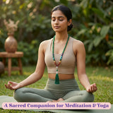 A vibrant green LOVENSPIRE 108 mala bead necklace with multicolored gemstones and silver pendant for meditation
