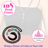 Black obsidian 108 bead mala necklace with buddha head charm and tassel for yoga meditation by lovenspire