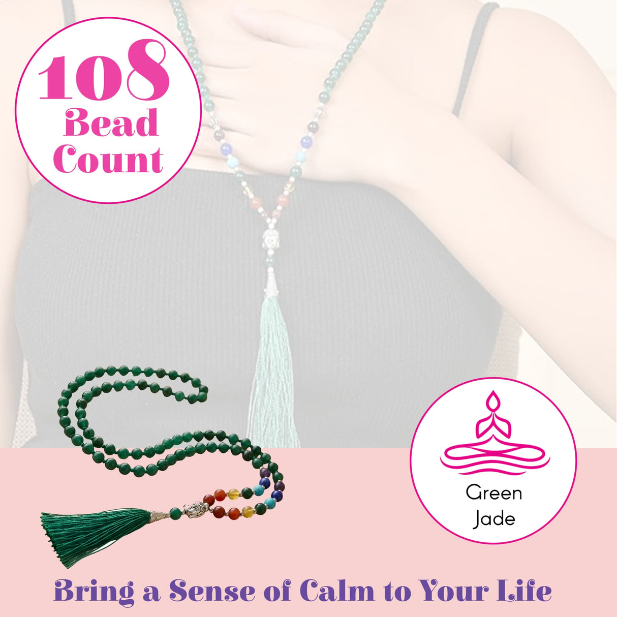 Lovenspire 108 mala beads necklace with green jade strand, colorful gemstones, tibetan tassels for meditation and healing