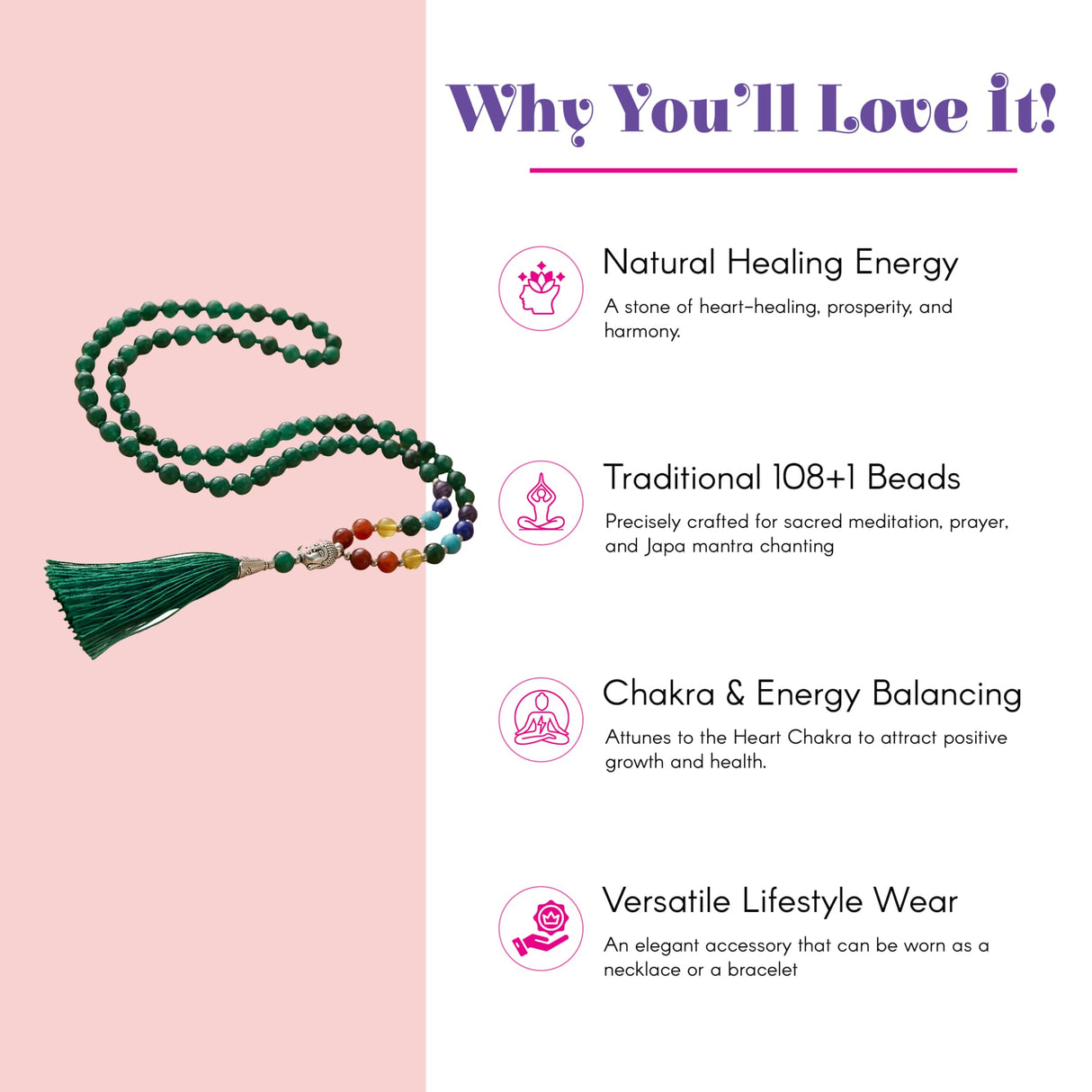 Lovenspire 108 green beaded mala necklace with colorful chakra beads tassel natural healing crystal gemstones