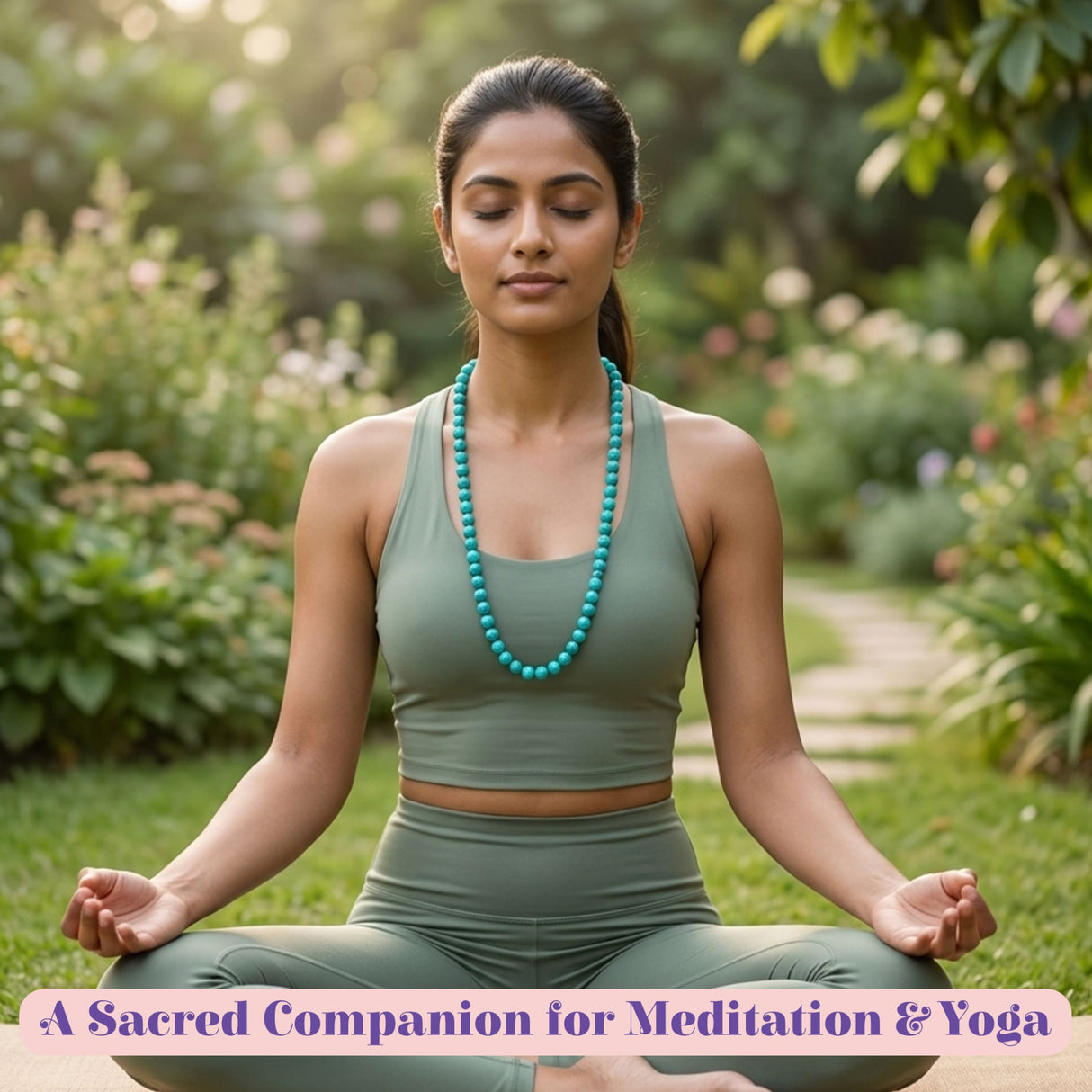 A turquoise lovenspire 108 mala beads necklace made of natural healing crystals worn by a woman meditating