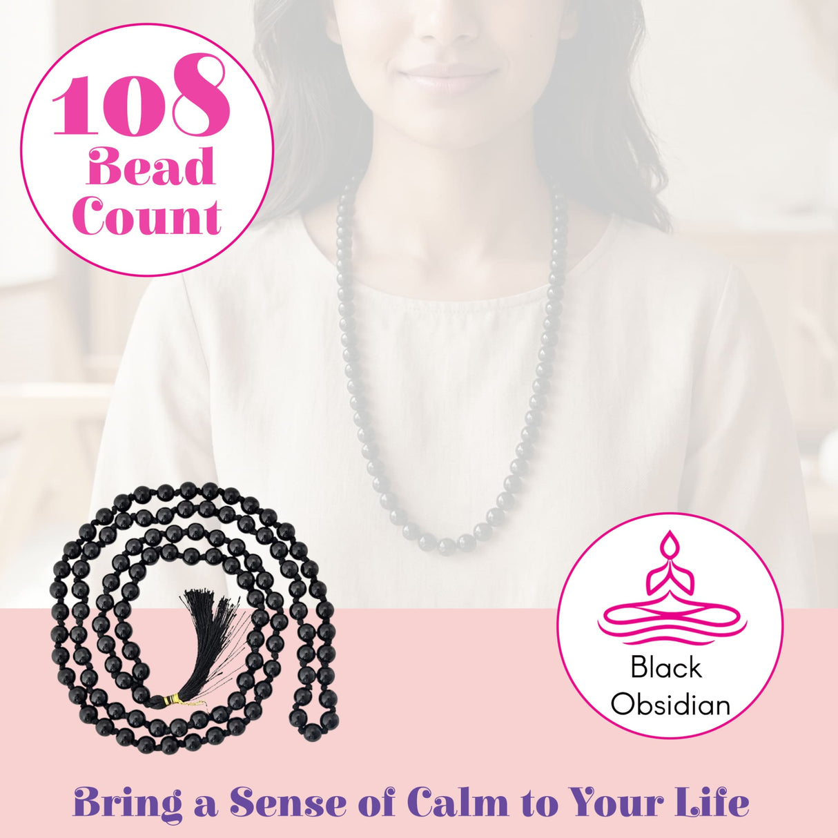 Lovinspire black obsidian 108 bead mala necklace with tassel natural healing crystal for meditation yoga and prayer