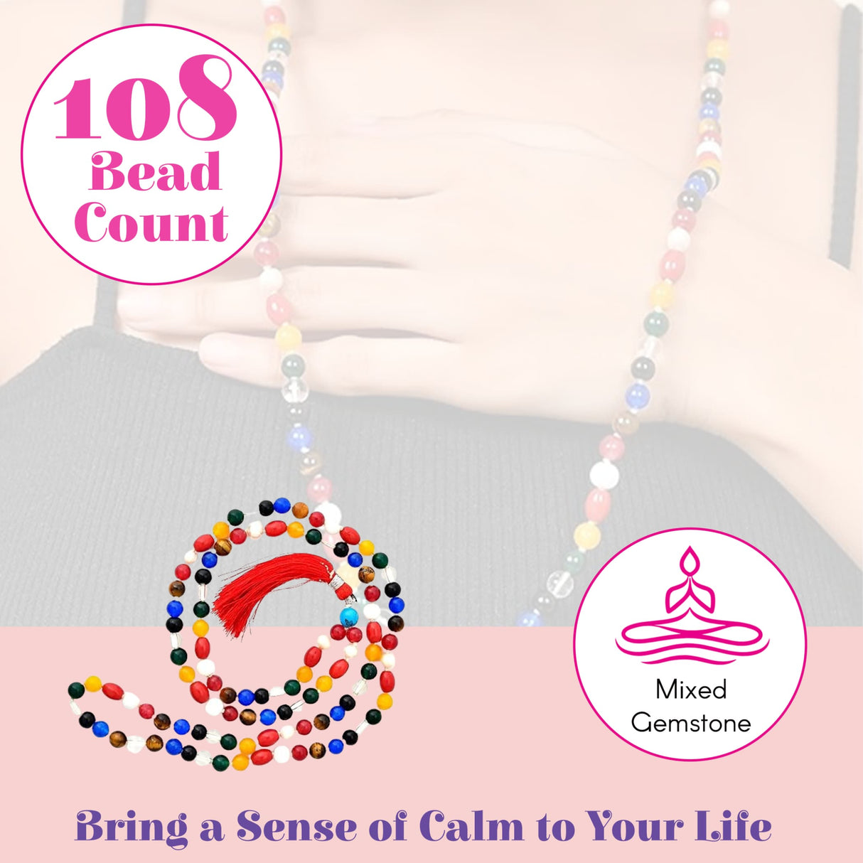 A colorful LOVENSPIRE 108 bead natural healing crystal mala necklace with a red tassel for meditation and yoga