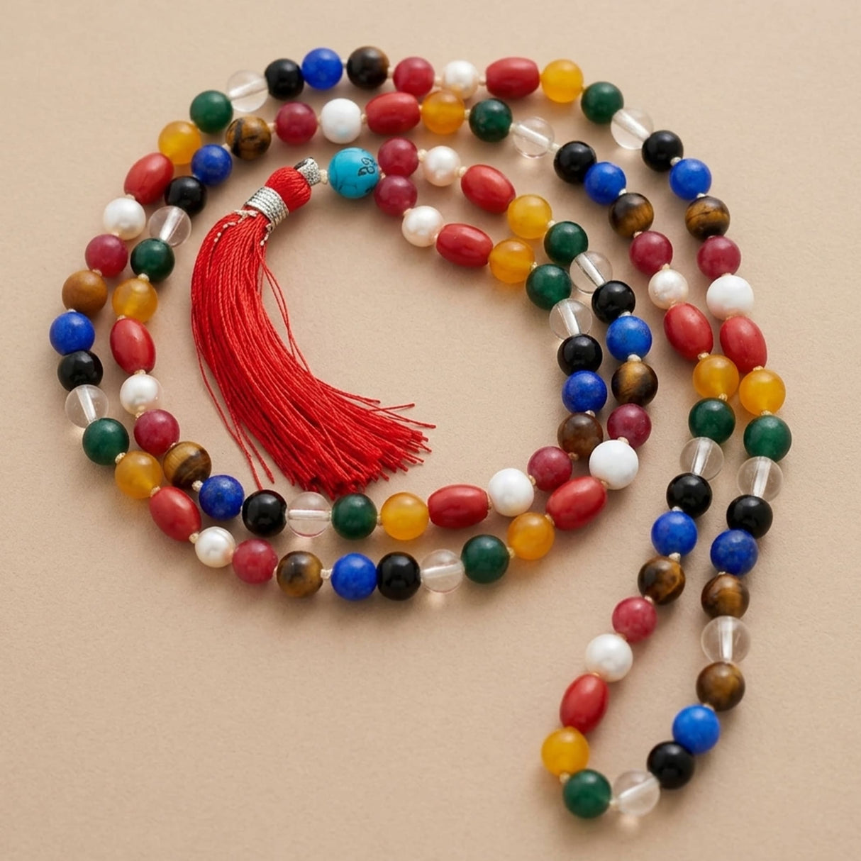 Lovenspire 108 mala beads necklace with multicolored gemstone beads and red silk tassel for yoga meditation and healing