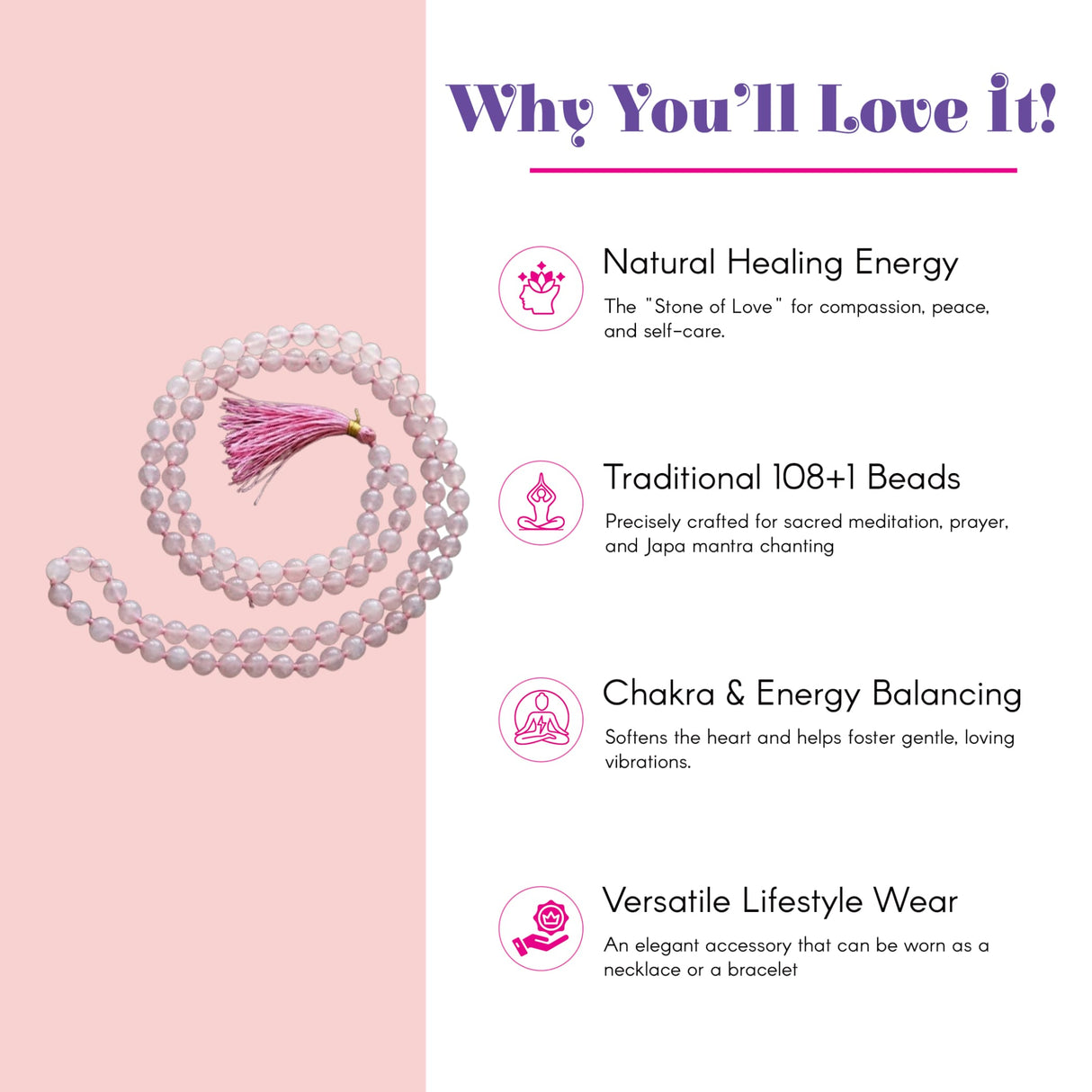 Lovinspire 108 pink rose quartz mala necklace with natural healing crystal beads and matching tassel for meditation and yoga