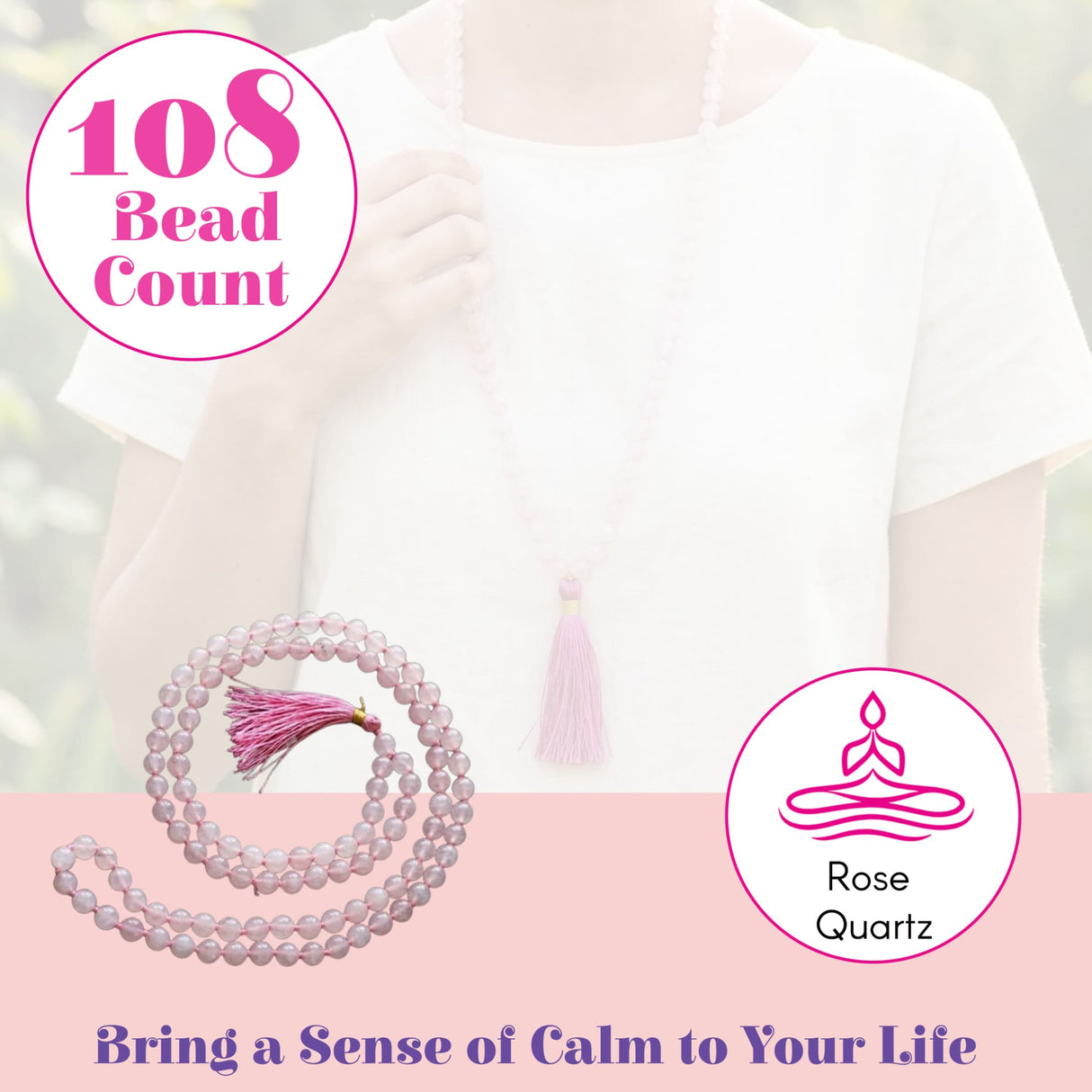 Lovenspire 108 mala beads necklace with smooth translucent rose quartz beads and matching tassels for meditation and healing