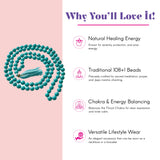 A teal round-beaded lovenspire mala necklace with matching tassel made of natural healing crystals for meditation