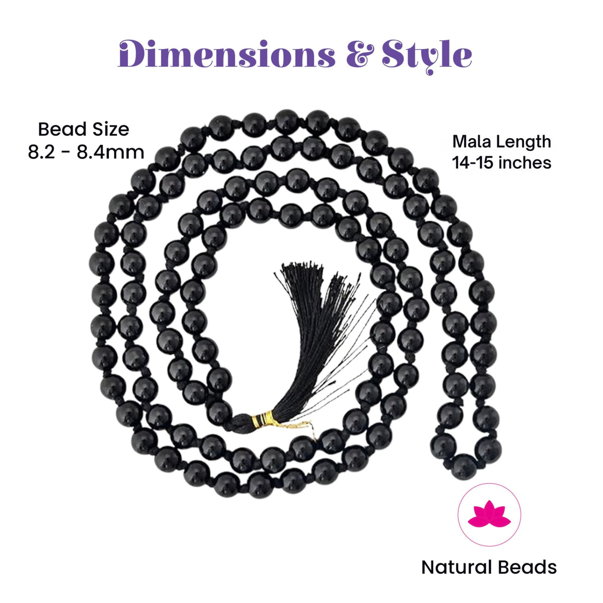 Black round natural bead mala with black tassel and gold metal clasp for yoga meditation and healing by LOVENSPIRE