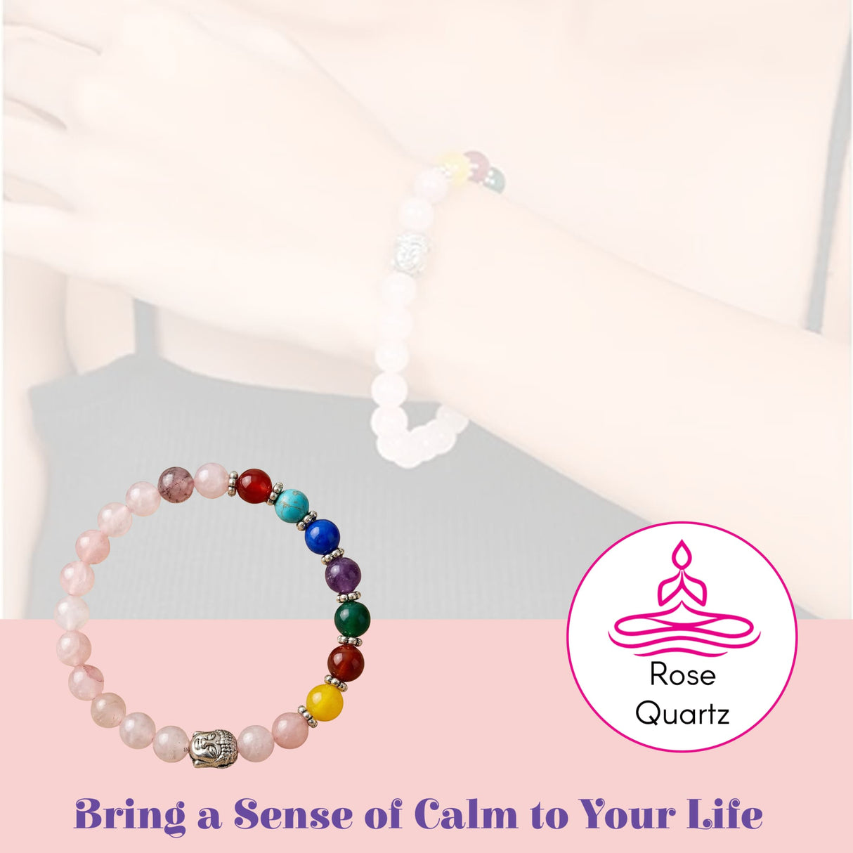 Lovenspire 7 chakra rose quartz crystal bracelet with smooth polished rainbow gemstones and silver buddha charm for meditation