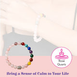 Lovenspire 7 chakra rose quartz crystal bracelet with smooth polished rainbow gemstones and silver buddha charm for meditation