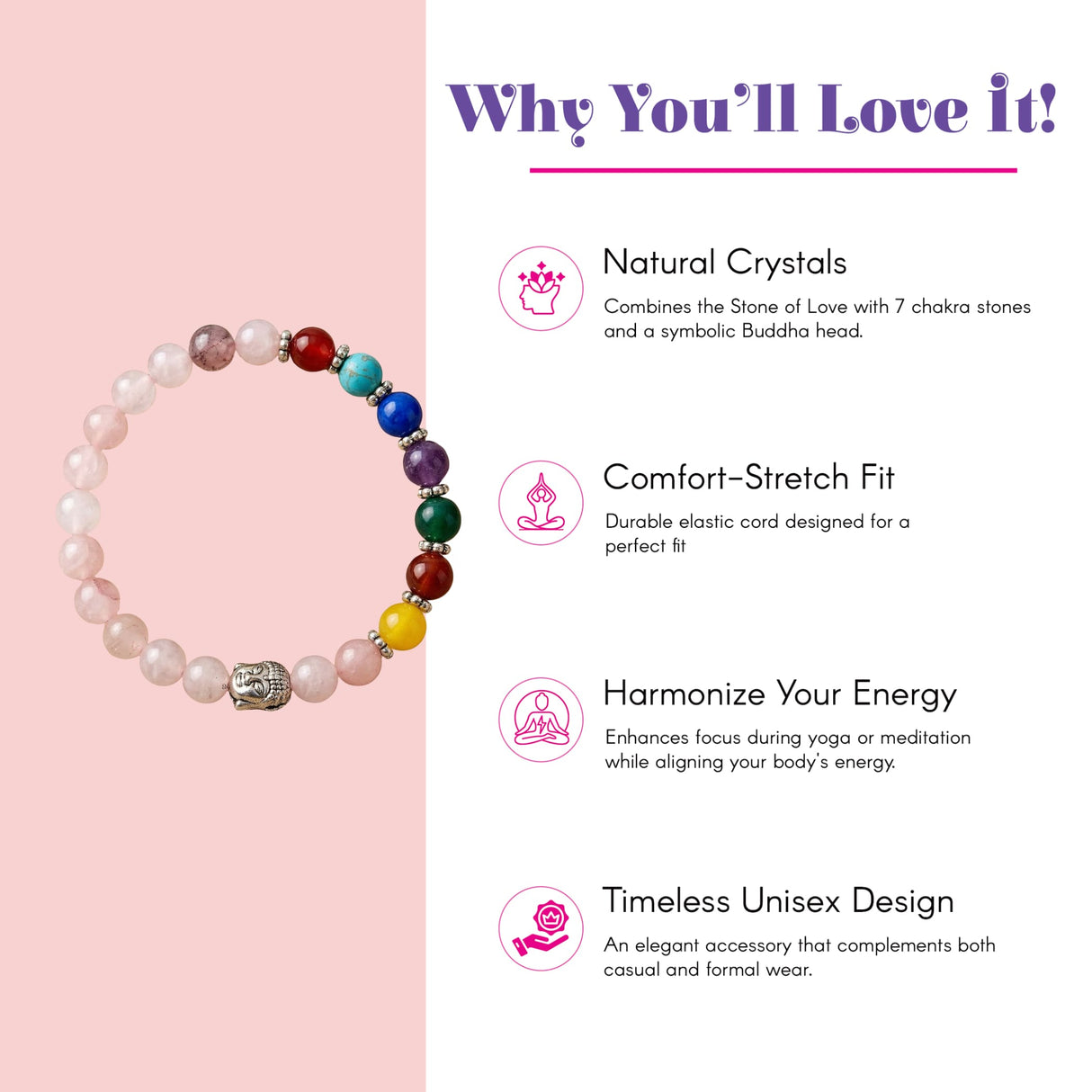 A stretchy LOVENSPIRE 7 chakra bracelet with rainbow natural crystals and a silver Buddha head charm for meditation