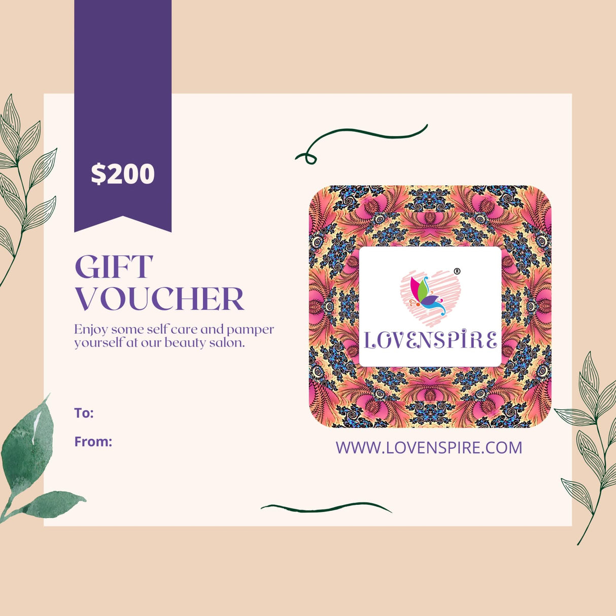 Lovenspire Gift Card for a beauty salon gift voucher showcasing luxurious pampering experience