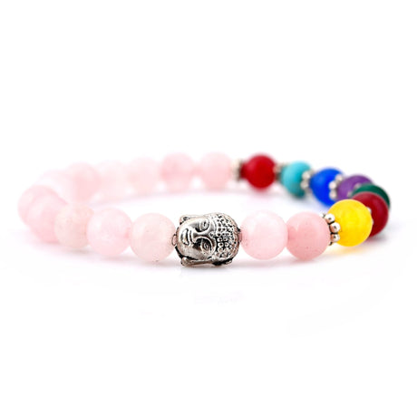 Beaded bracelet with Buddha charm for meditation and spiritual healing, rose quartz gemstone