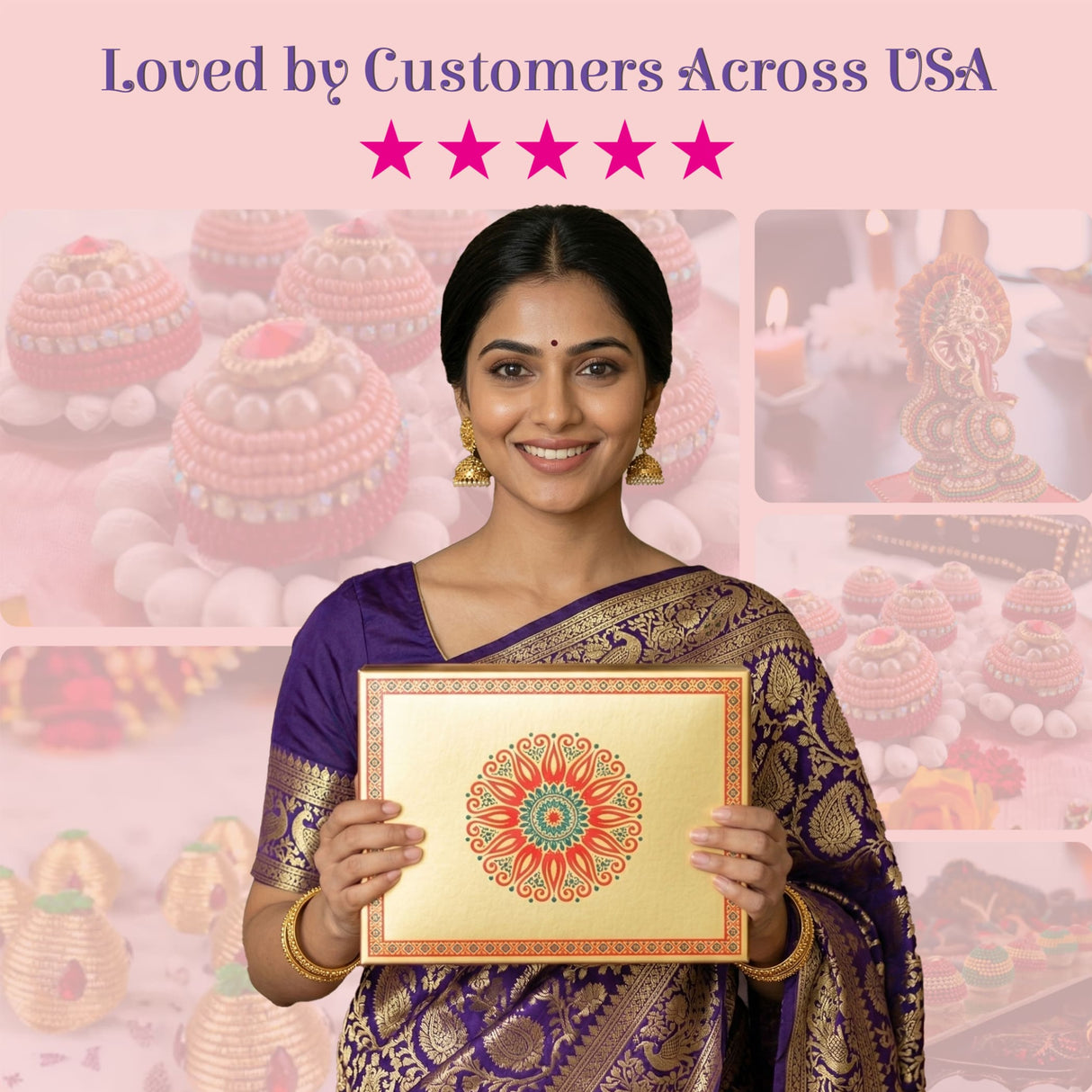 Gold-framed rectangular sweet box with vibrant red and green mandala design on cream surface for Indian sweets packaging