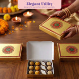 Golden sweet box with intricate red and green mandala design and decorative border for indian sweets gift packaging