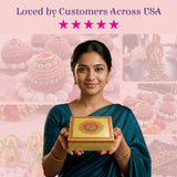 Gold-colored square sweet box with intricate red and green mandala design for Indian sweets and gifts