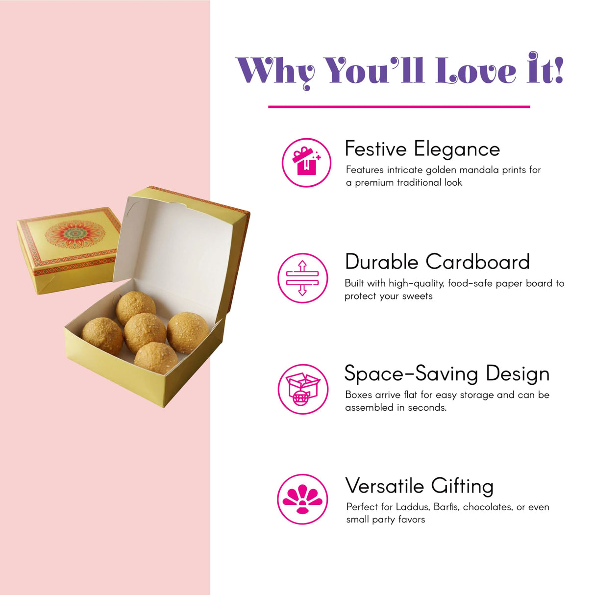 Golden cardboard sweet box with intricate mandala prints designed for festive gifting and indian sweets packaging