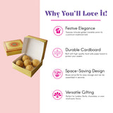 Golden cardboard sweet box with intricate mandala prints designed for festive gifting and indian sweets packaging