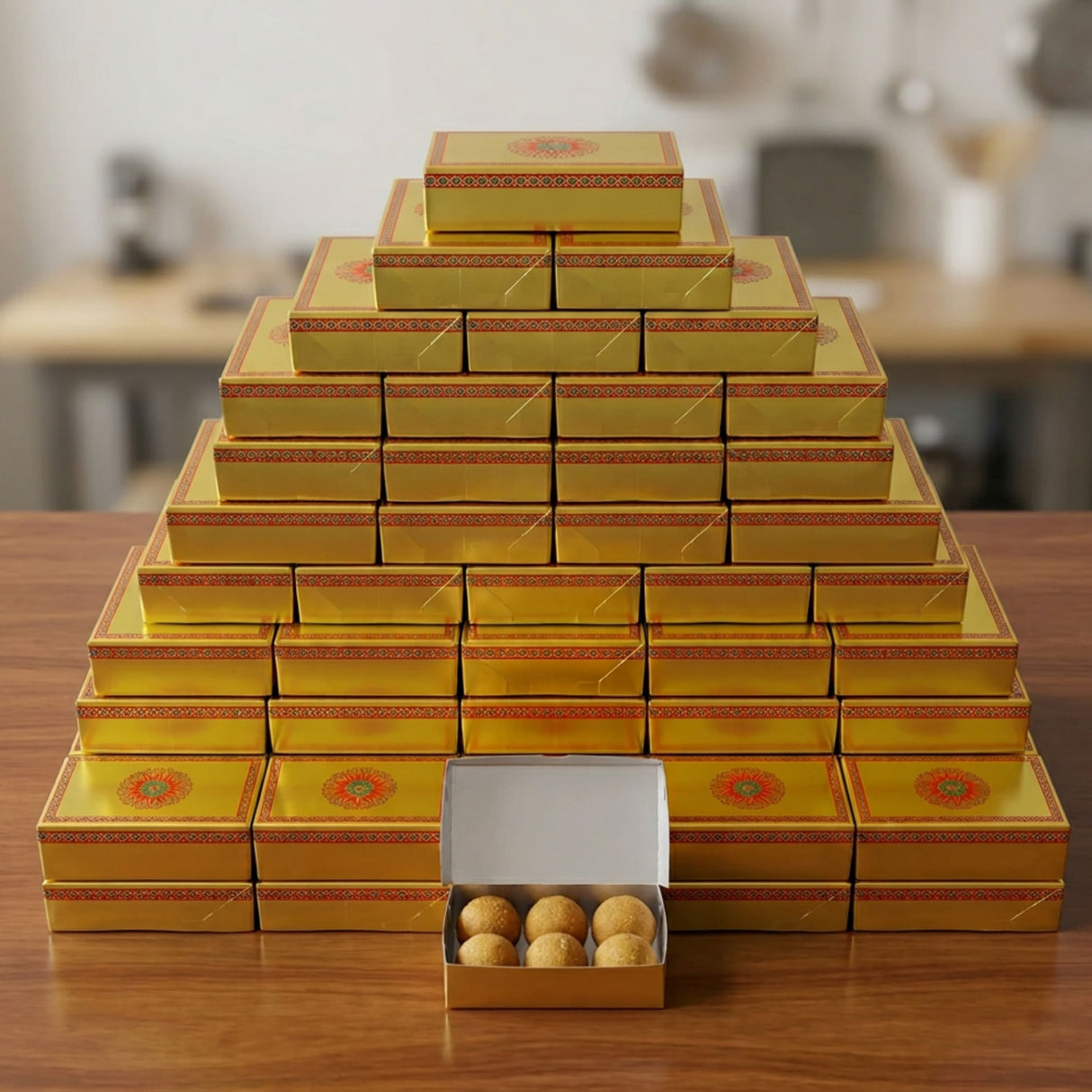 Golden pyramid stack of ornate mandala design mithai boxes with red and orange patterns one open showing round sweets inside