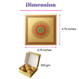 Gold-colored square sweet box with intricate red green and blue mandala design for indian sweets and gifts