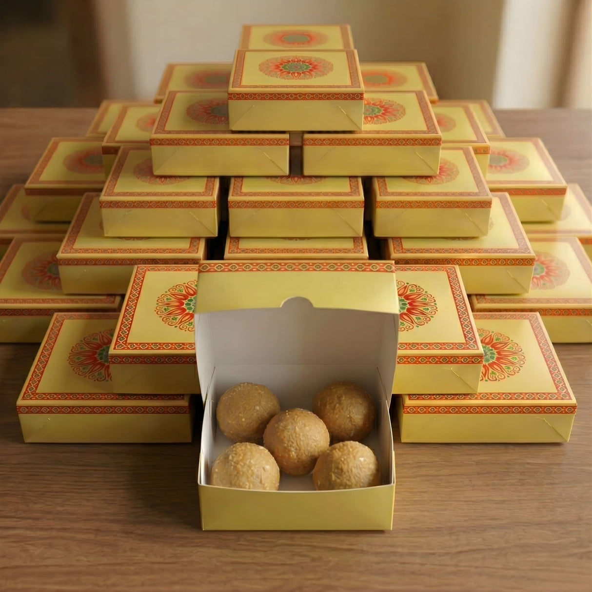 Golden-yellow rectangular sweet boxes with red and green floral patterns containing round beige indian sweets for gifting
