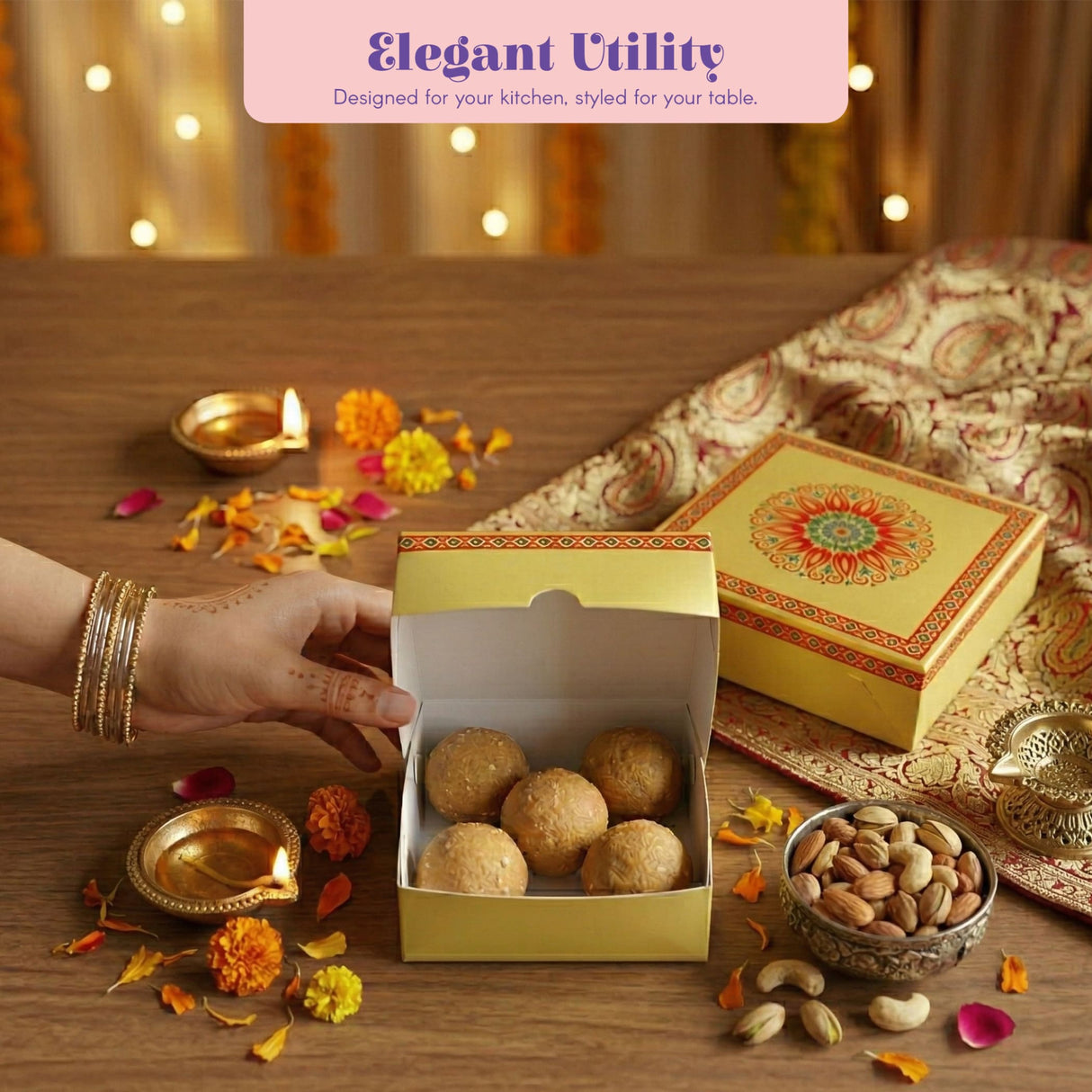 Gold-colored empty mithai box with decorative red and green mandala lid containing light brown sweets for gifting
