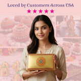 Golden rectangular sweet box with intricate orange and green mandala design lid for Indian sweets and gifts