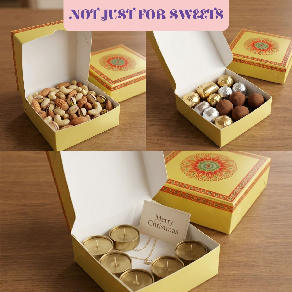 Yellow sweet box with ornate red and green mandala lid containing assorted nuts chocolate truffles and tea light candles