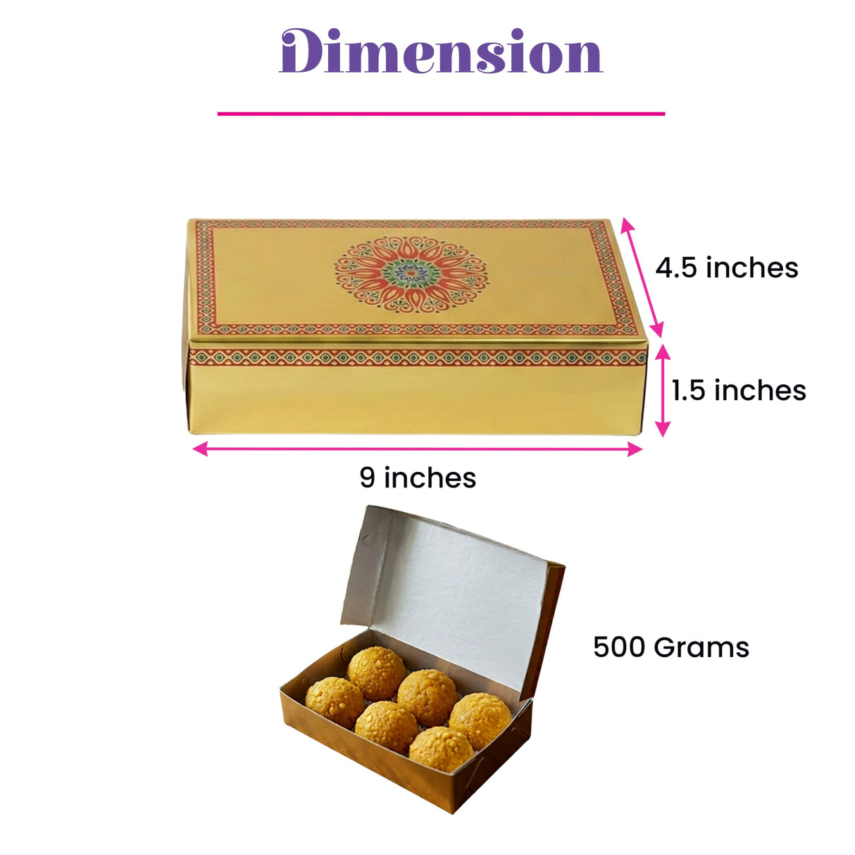 Golden rectangular sweet box with red and green floral mandala design lid containing six round yellow sweets for gifting