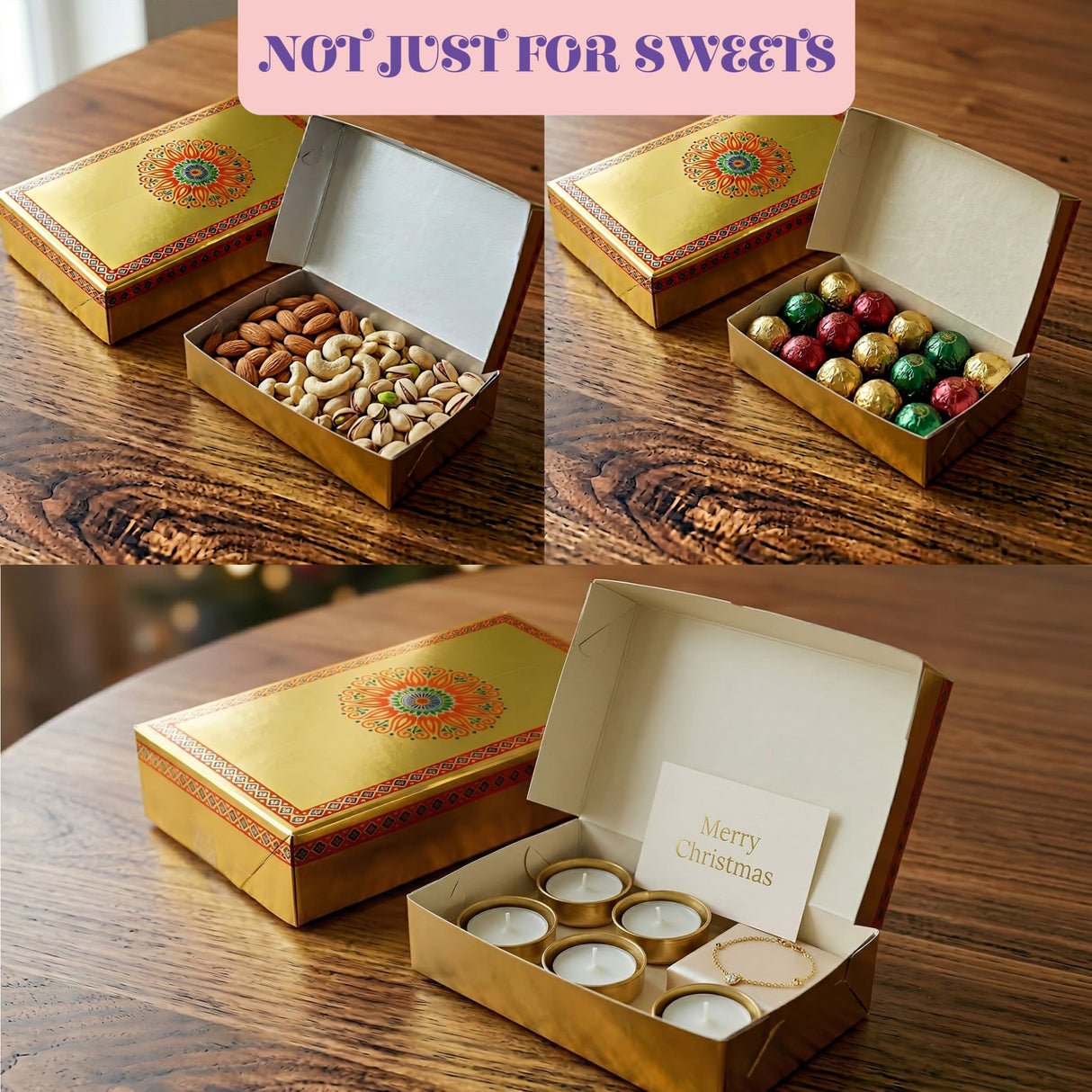 Golden mithai gift box with intricate orange and green mandala design and decorative border for Indian sweets