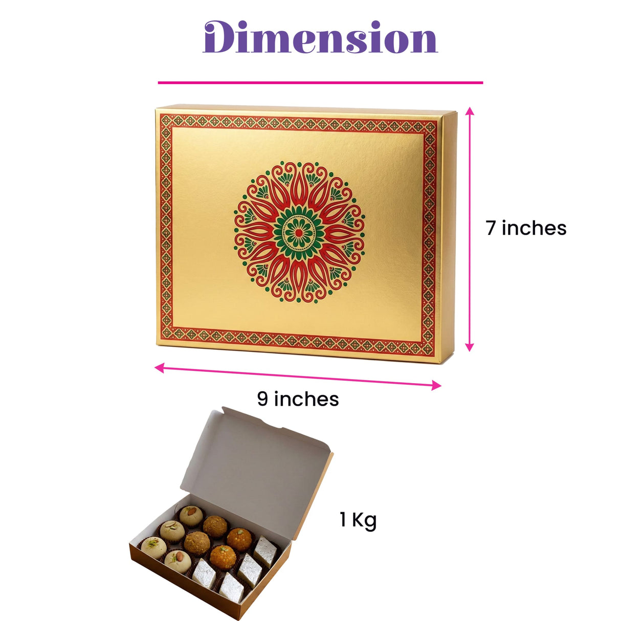 Gold-colored rectangular mithai box with red and green mandala design containing assorted indian sweets for gifts