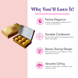 Golden cardboard sweet box with intricate mandala prints containing round yellow sweets for Indian mithai gifts