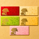Set of five colorful textured money envelopes with gold embossed elephant and tree designs for Indian wedding gifts