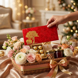 Red decorative money envelope with gold embossed elephant and tree pattern for indian wedding and cash gifting
