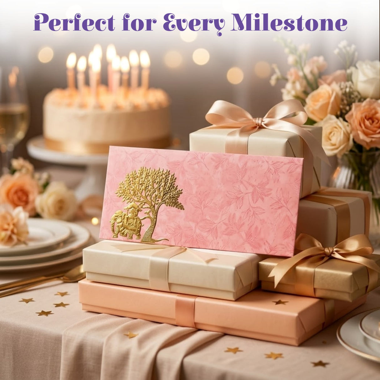 Pink money envelope with gold embossed tree design decorative elephant pattern for indian wedding and cash gifts