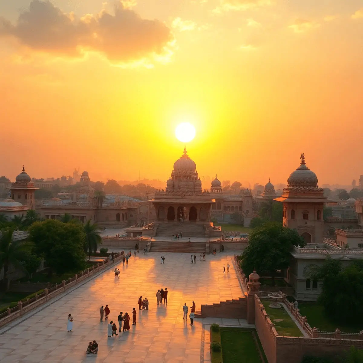 A serene landscape of Ayodhya at sunrise, showcasing the Ram Janmabhoomi complex with traditional Indian architecture and lush greenery, symbolizing peace and spirituality.