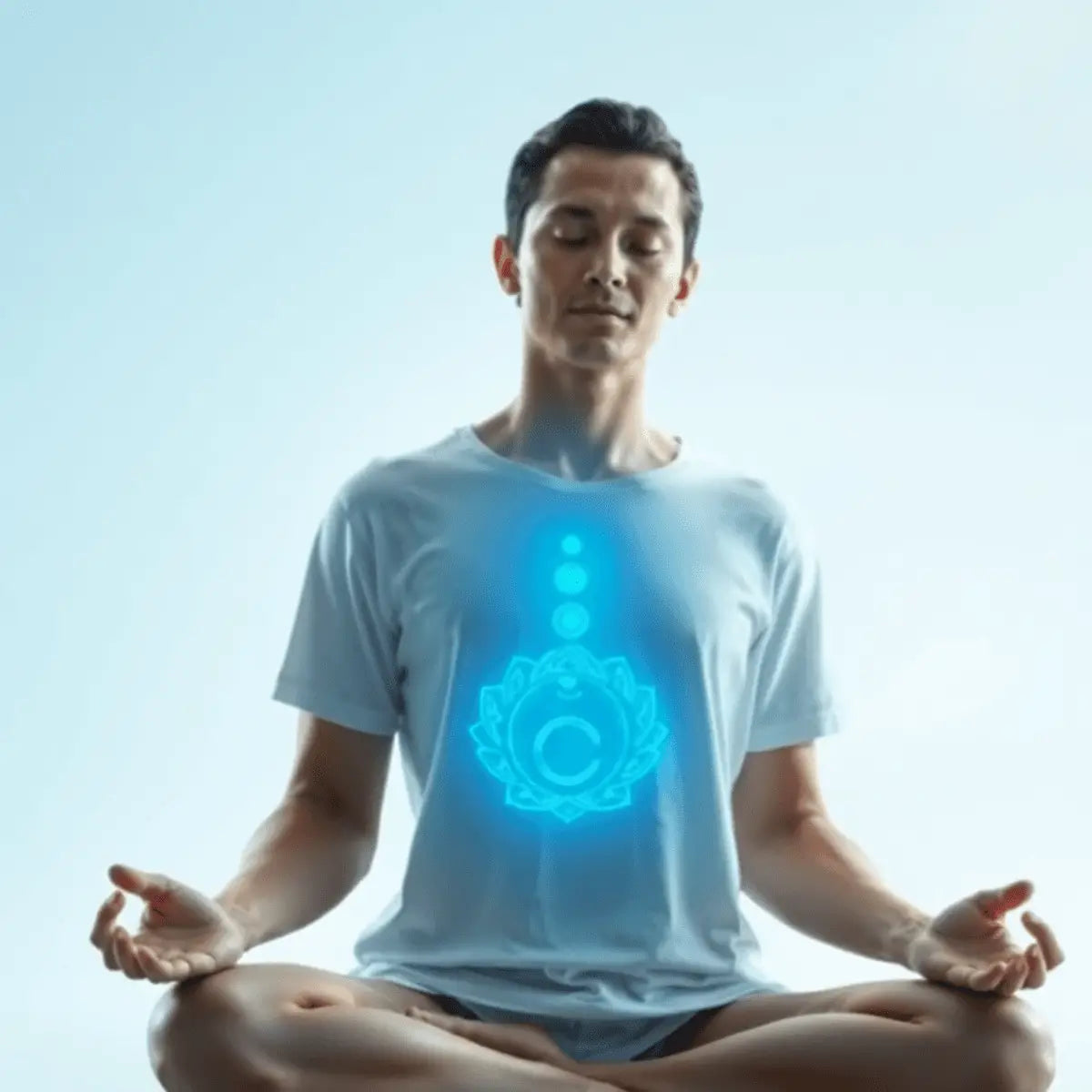 A serene person meditating with a glowing blue throat chakra symbol at their throat, set against a calming background of soft light blue and white colors.