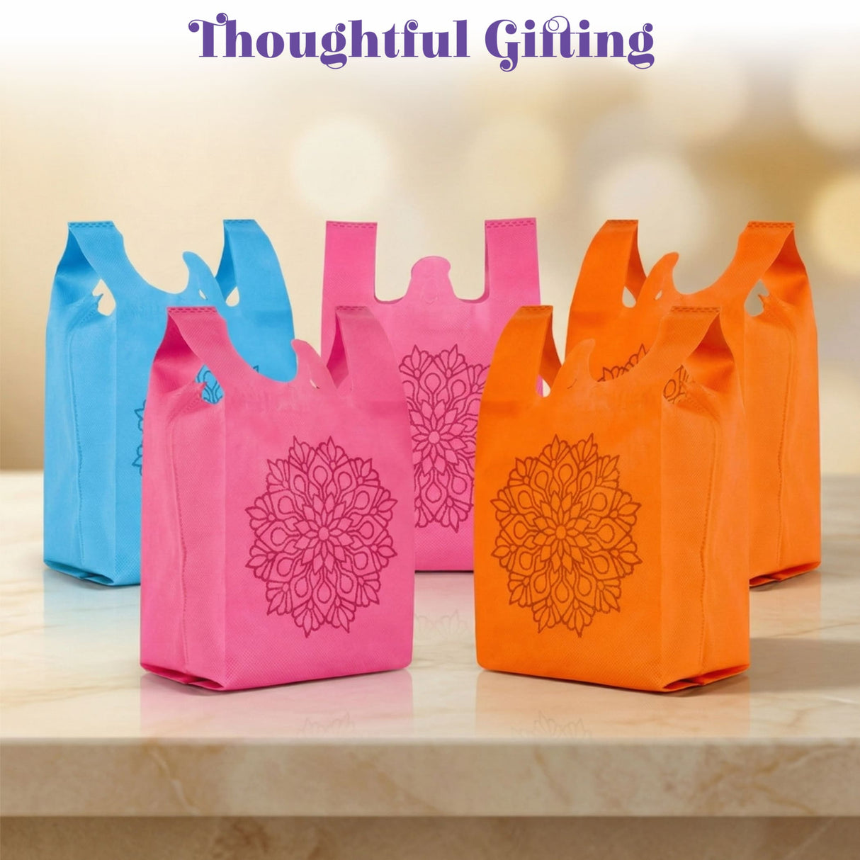 Mandala print reusable non woven gift bags in blue pink and orange with delicate mandala design for Indian wedding puja