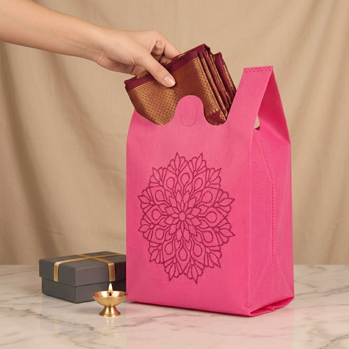 A vibrant pink reusable non woven tote bag with mandala print holding maroon and gold fabric for Indian weddings