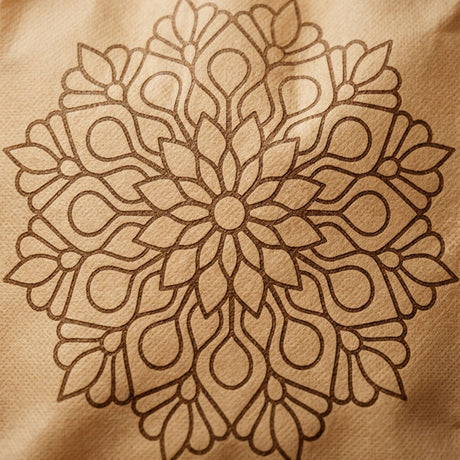A brown paper napkin with a dark-brown mandala print for ecofriendly reusable Indian wedding party favor bags