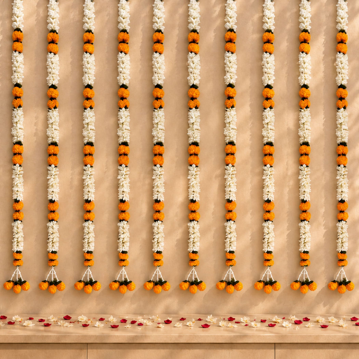 Pack of 2 artificial jasmine and marigold flower garlands with white and orange marigold blossoms for wedding decor