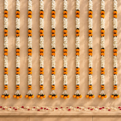 Pack of 2 artificial jasmine and marigold flower garlands with white and orange marigold blossoms for wedding decor