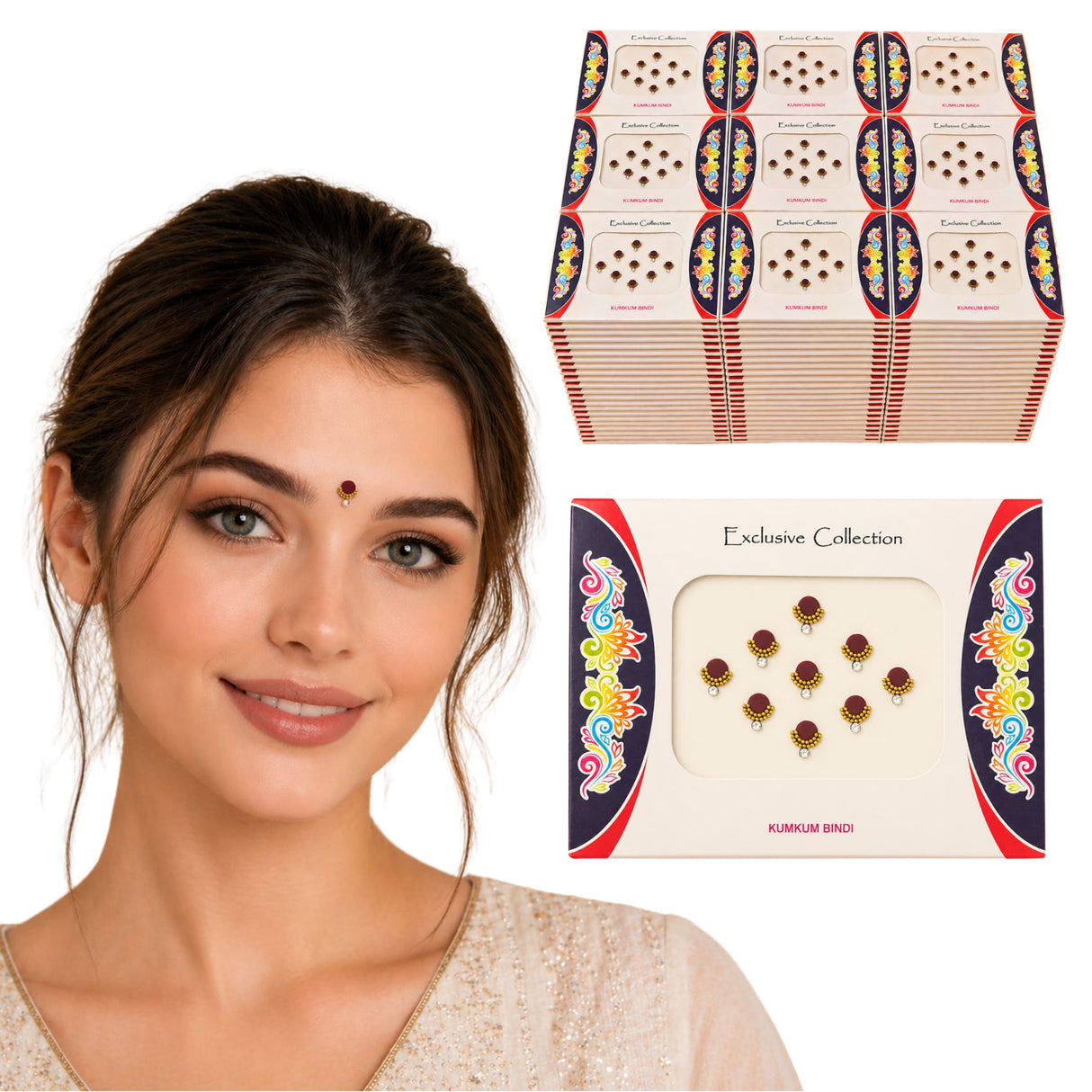 A set of maroon and gold decorative kumkum bindi stickers on a white card with colorful floral borders for Indian wedding favors