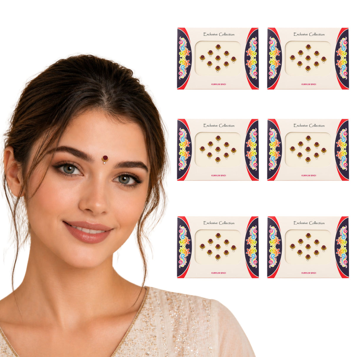 A woman wearing a red Marathi bindi on her forehead for Indian wedding and bridal shower favors