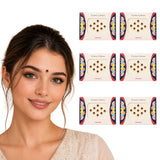 A woman wearing a red Marathi bindi on her forehead for Indian wedding and bridal shower favors