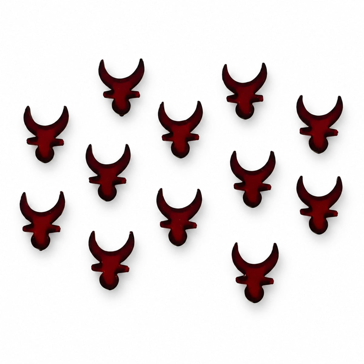 Set of twelve glossy deep red bull shaped acrylic charms for indian marathi bindi booklets collection traditional use