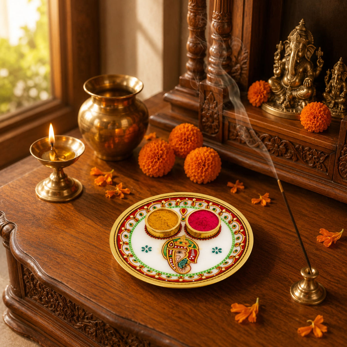 A decorative white and gold marble pooja thali set with two bowls holding turmeric and vermilion on a wooden altar