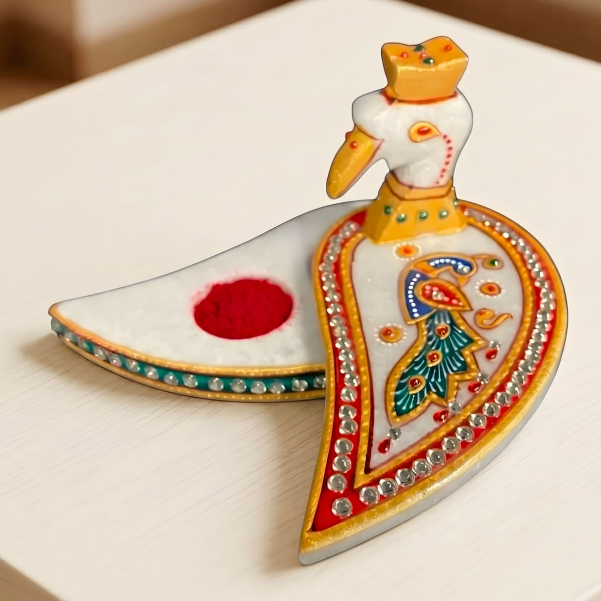 Marble Chopra peacock haldi kumkum holder white marble tray with gold red accents and rhinestones for pooja decor