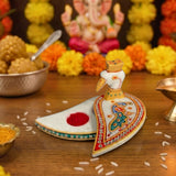 White marble peacock haldi kumkum holder with colorful inlay and red design for pooja and diwali decor